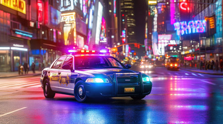 A police car with emergency lights flashing, driving through an empty city street with neon signs in the background at night.の素材