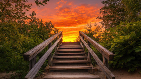 A rustic wooden stairway surrounded by trees, leading upward into a vibrant sky full of orange and red sunset tones.の素材