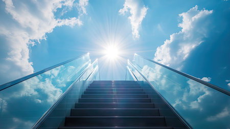 A stairway made of glass and steel stretching upward into a cloudy sky with soft sunbeams breaking through.の素材