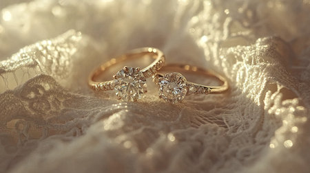 A romantic shot of two diamond wedding rings resting on a white lace fabric, with gentle lighting highlighting their beauty.の素材
