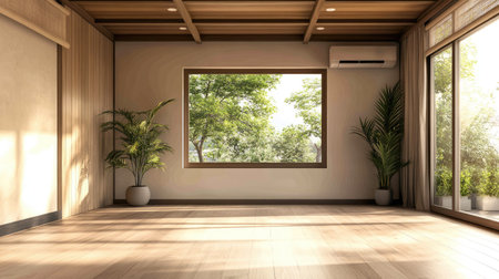 A serene yoga studio with wooden floors and a wall-mounted air conditioner keeping the atmosphere fresh.の素材