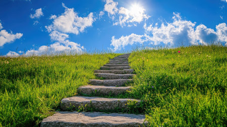 A stone stairway leading into the sky, bordered by lush green fields under a clear sunny day.の素材