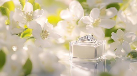 A shot of diamond wedding rings in a small glass box, placed against a soft background of white flowers.の素材