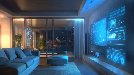 A smart home setup with a wall-mounted air conditioner integrated into an advanced control system.の素材