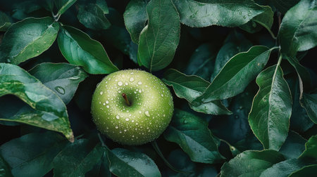 A shiny green apple with dew drops, sitting on a bed of vibrant green leaves.の素材