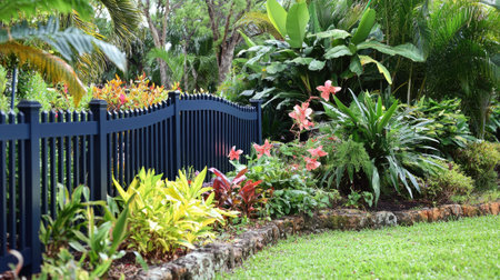 A serene garden setting with a bleu aluminum fence in the foreground, surrounded by lush green plants and colorful flowers.の素材