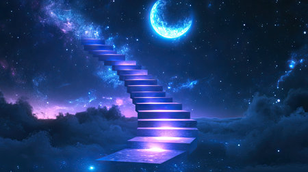 A stairway with luminous steps floating in the air, rising into a starry night sky with a glowing moon.の素材