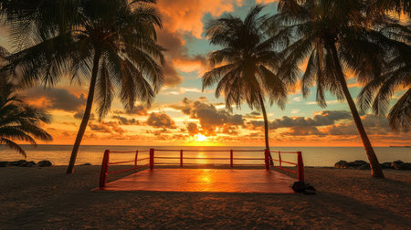 A sunset-lit boxing ring outdoors, set up on a beach with palm trees in the background.の素材