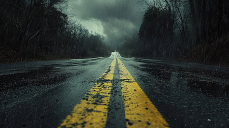 A stormy road with yellow lines fading into the distance, framed by dark clouds and rain-soaked asphalt.の素材