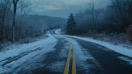 A snow-dusted road with two yellow lines cutting through a serene winter landscape.の素材
