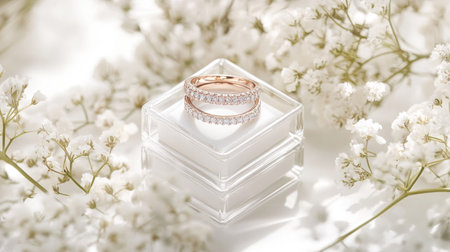 A shot of diamond wedding rings in a small glass box, placed against a soft background of white flowers.の素材
