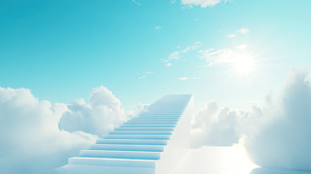 A serene white stairway rising into the clouds, surrounded by a bright blue sky and soft sunlight.の素材