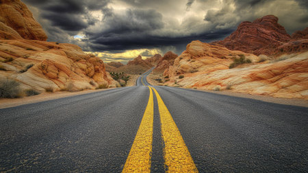 A road with yellow lines running through a barren, rocky desert under a dramatic cloudy sky.の素材