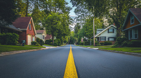 A serene suburban street with yellow center lines and neat houses lining both sides.の素材