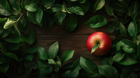 A top-down view of a red apple resting on green leaves, with a wooden table background.の素材