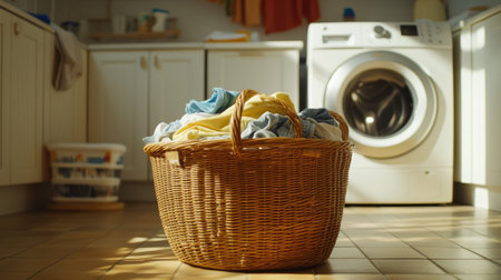 A wicker laundry basket filled with used clothes, sitting on the floor of a clean laundry room, with a washing machine in the background.の素材