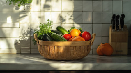 A wooden basket with freshly picked vegetables and fruits, such as cucumbers, tomatoes, and oranges, sitting on a kitchen counter.の素材