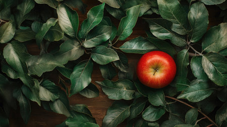 A top-down view of a red apple resting on green leaves, with a wooden table background.の素材
