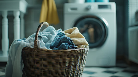 A wicker basket filled with dirty clothes, with a laundry detergent bottle and a washing machine in the background.の素材