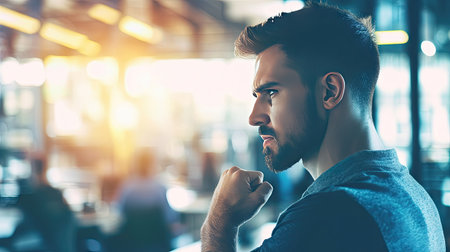 A side profile of a man clenching his fist, with a blurred background of a busy office.の素材