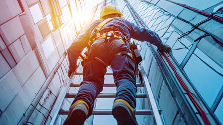 A technician in safety shoes and a hard hat climbing a ladder to work on electrical wiring.の素材