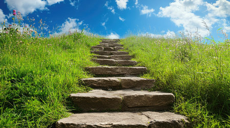 A stone stairway leading into the sky, bordered by lush green fields under a clear sunny day.の素材