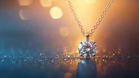A sparkling natural diamond pendant on a simple, elegant chain, placed on a glossy surface with a glowing background.の素材