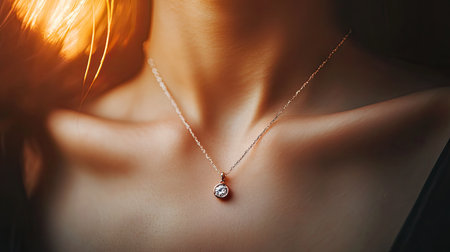 A woman's neck adorned with a sparkling natural diamond pendant necklace, glimmering against a dark background.の素材