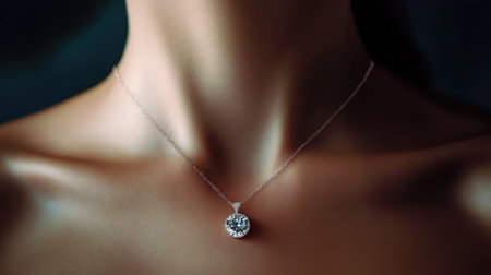A woman's neck adorned with a sparkling natural diamond pendant necklace, glimmering against a dark background.の素材