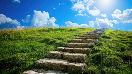 A stone stairway leading into the sky, bordered by lush green fields under a clear sunny day.の素材
