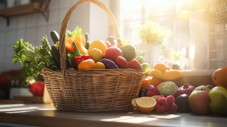 A wooden basket filled with colorful fresh fruits and vegetables, placed on a kitchen counter with sunlight streaming through the window.の素材