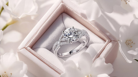 A sparkling diamond couple's ring set displayed elegantly in a gift box, surrounded by soft white petals.の素材