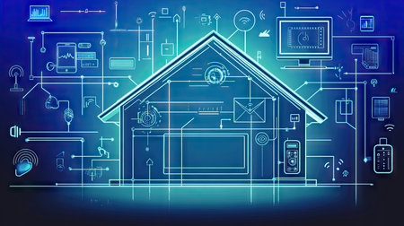 A smart home setup with a wall-mounted air conditioner integrated into an advanced control system.の素材