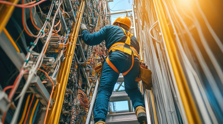 A technician in safety shoes and a hard hat climbing a ladder to work on electrical wiring.の素材