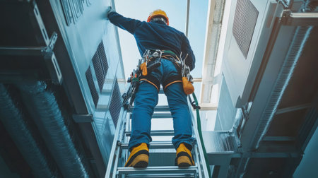 A technician with tools in hand climbing a step ladder in safety shoes while working on an HVAC system.の素材