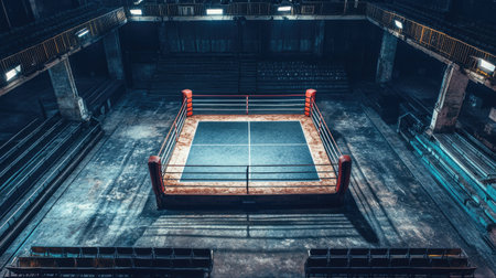 A top-down view of an empty boxing ring in a large venue with empty bleachers in the background.の素材