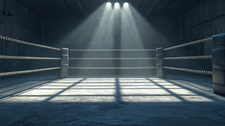 A spotlight-centered boxing ring surrounded by ropes, with dramatic shadows forming on the floor.の素材
