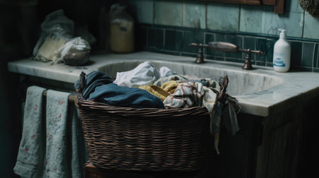 A wooden wicker basket filled with a mix of clothes, ready for washing, placed near a sink with soap and laundry detergent bottles.の素材