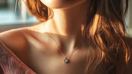 A woman wearing a stunning diamond pendant necklace, captured in soft lighting with a minimalist background.の素材
