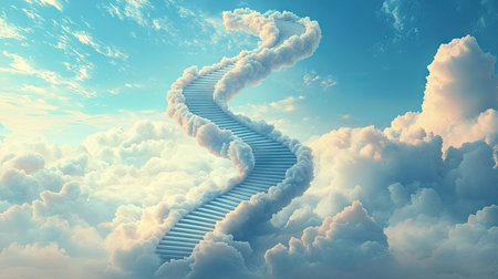 A spiral staircase ascending into the sky, disappearing into soft, cotton-like clouds.の素材