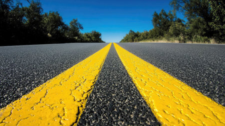 A straight road with two solid yellow lines disappearing into the horizon under a clear blue sky.の素材