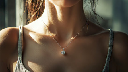 A woman wearing a stunning diamond pendant necklace, captured in soft lighting with a minimalist background.の素材