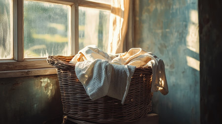 A well-worn wooden wicker basket filled with clothes waiting to be washed, placed near a window with sunlight filtering through.の素材