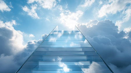 A stairway made of glass and steel stretching upward into a cloudy sky with soft sunbeams breaking through.の素材