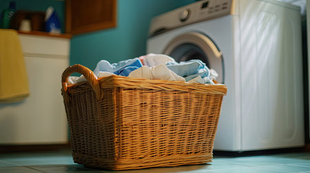 A wooden wicker laundry basket sitting in a laundry room, filled with clothes ready for washing, with a dryer and detergent bottles in view.の素材