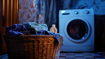 A wicker basket filled with dirty clothes, with a laundry detergent bottle and a washing machine in the background.の素材