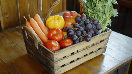 A wooden basket filled with a variety of fresh fruits and vegetables, such as tomatoes, carrots, and grapes, arranged beautifully on a wooden table.の素材