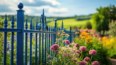 A well-maintained bleu aluminum fence standing along a garden filled with flowers, with the countryside rolling out behind it.の素材
