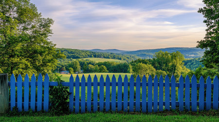 A vibrant bleu aluminum fence set against a serene landscape of rolling hills and lush green trees, with soft natural lighting.の素材