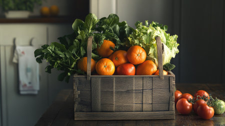 A wooden basket overflowing with fresh produce, including vibrant oranges, tomatoes, and lettuce, sitting on a rustic kitchen table.の素材